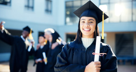 Graduation, student and woman with certificate, success and achievement for people with scholarship....