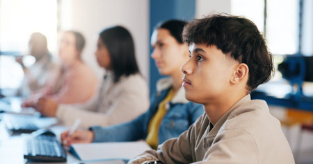 People, students and listening with row for lesson, lecture or presentation in classroom at...