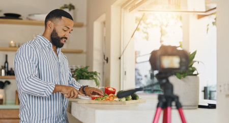 Camera, live streaming and man in kitchen for cooking tutorial, cuisine and meal preparation in home. Culinary influencer, content creator and person with food, recipe or ingredients for social mediaの写真素材