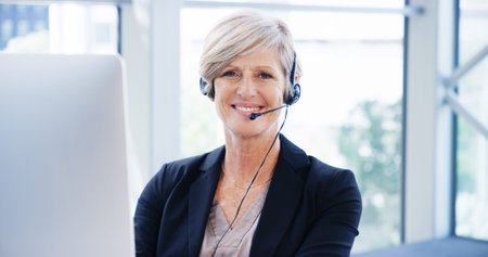 Computer, headset and business woman portrait for consulting, proposal and project or online...