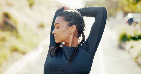 Active, woman and stretching for fitness outdoor of running exercise, marathon training and cardio...