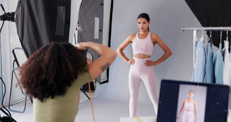 Photography, picture and model with women in studio for branding campaign, athleisure fashion line...