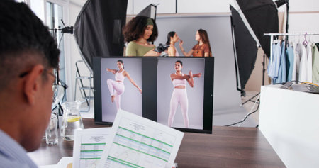 Photography, editor and model with people in studio for branding campaign, athleisure fashion line or promotion. Behind the scenes, ecommerce photoshoot or media launch with team on set for projectの写真素材