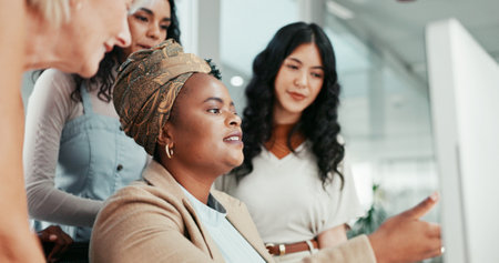 Business, review or women on computer of administration, data entry advice and feedback. People, solution and training for online question, manager support and reading report for proposal opinionの写真素材
