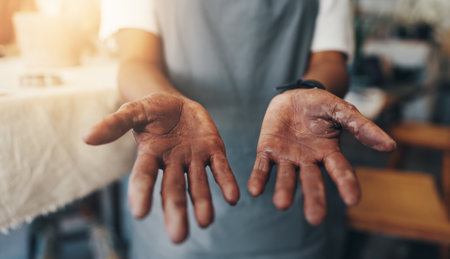 Pottery, clay and hands of person in studio for sculpture, manufacturing and artist workshop. Ceramics class, mold and creative design with closeup of artisan in handicraft store for mud and hobbyの写真素材
