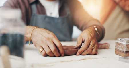Hands, pottery and woman with clay in workshop for artistic process, design or production. Creative,...