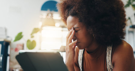 Frustrated woman, tablet or ceramic store with headache for mistake, wrong order or supplier issue...