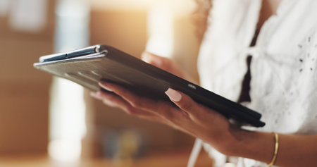 Hands, woman and box on tablet for distribution of online orders, inventory checklist and stock...