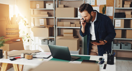 Business boxes, laptop and man with phone call for online order, delivery tracking or shipping...