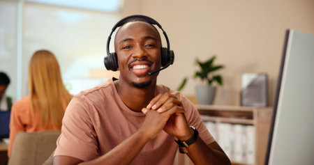 Computer, portrait or happy man consulting in customer service, telecommunication and contact...