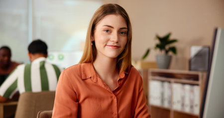 Portrait, creative and woman with smile, office and confident for graphic design, happy and career...