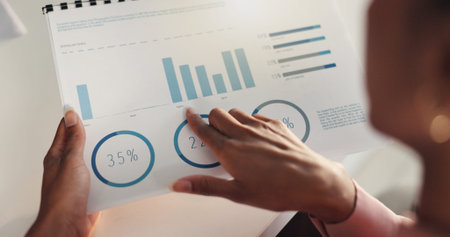 Documents, finance and hands of business people with statistics for progress report, research and analysis. Corporate, meeting and workers pointing to paperwork with graph, financial review and chartの写真素材