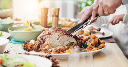 People, hands or cutting turkey with thanksgiving dinner for family meal, lunch or dishing food at home. Closeup, chicken or plate with cuisine for hospitality, get together or eating at dining tableの写真素材