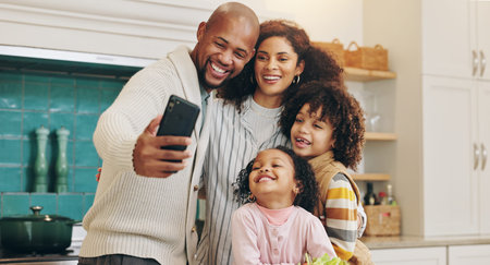Happy family, kitchen and picture with selfie for photography, memory or bonding together at home....