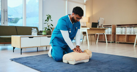 Nurse, cpr or man training with mannequin for first aid practice, cardiac arrest or safety protocol....