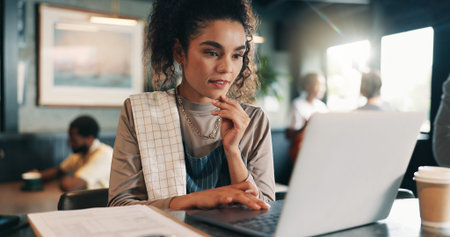 Business owner, thinking and woman in restaurant, laptop and problem solving for inventory. Person,...
