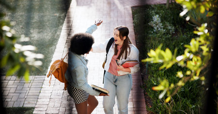 Smile, student and friends excited for education, future growth or development in college. Campus, scholarship and happy women walking with backpack, study books and hug for learning opportunityの写真素材