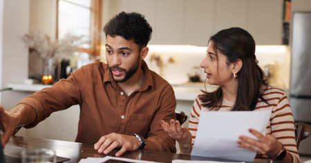 Couple, documents and stress for budget in home with financial review, account mistake and asset...