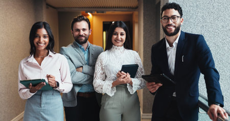 Happy, teamwork and portrait of business people in office with tablet for website development....