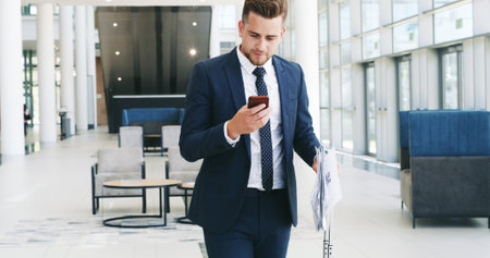 Businessman, travel or suitcase with phone for business trip, career opportunity or walking at airport. Man, traveler or corporate immigrant with luggage on mobile smartphone for global flight appの写真素材