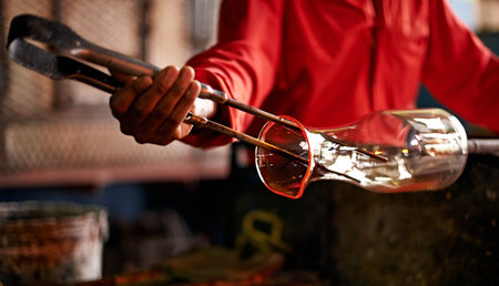 Hands, person and tools in glass factory for shape, production process and industry. Glassware, craft and worker with equipment for manufacturing art, glassblowing and forming with jacks in workshopの写真素材