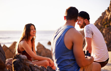 Relax, smile and travel with friends at beach for summer vacation, adventure and tropical...