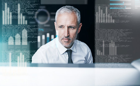 Reading, overlay and man with computer, office and research for economic growth, trader or analysis. Business, ceo and person with info for investment, software and tech for interest rates or seriousの写真素材