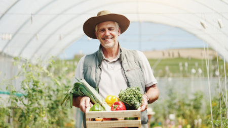 Mature man, basket and harvest in greenhouse, farming and smile with sustainability in summer. Person, happy and portrait with food production, agriculture and nursery for vegetables in Australiaの写真素材