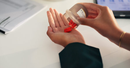 Business woman, container and hands with pills for prescription drugs, vitamin tablets or medicine....