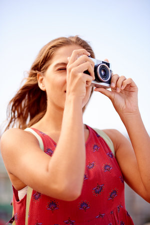 Woman, camera and travel photography on vacation, sightseeing location and tourist to capture view....