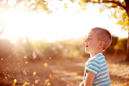 Throwing leaves, profile and boy in park, smile and lens flare with happiness, carefree and fun. Outdoor, childhood and kid in playground, energy and nature with game, summer and weekend activityの写真素材