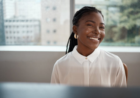 Financial advisor, black woman and happy with portrait in office for debt management, risk tolerance and advisory. Business, professional or smile at desk for finance product assistance or complianceの写真素材