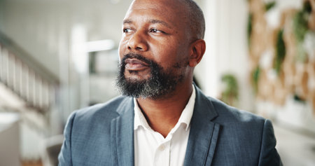 Mature black man, creative business and thinking with idea, decision and opportunity for event planning. African person, consultant and inspiration with project proposal, itinerary or venue bookingの写真素材