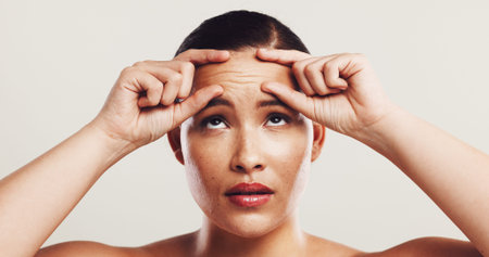 Wrinkles, forehead and woman with skincare, beauty and plastic surgery on white studio background....