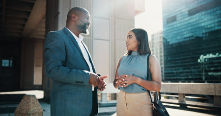 Business, people and talking for travel in city of morning commute, discussion and client...
