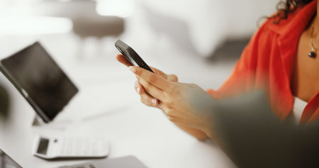 Hands, entrepreneur or woman with phone in startup for email or networking on social media app....