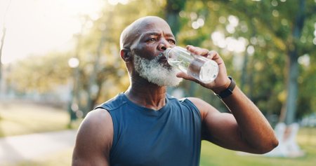 Exercise, senior man and drinking water at park for fitness break, hydration or recovery from running. Detox, black person and liquid bottle for refresh, cardio workout or marathon training in natureの写真素材