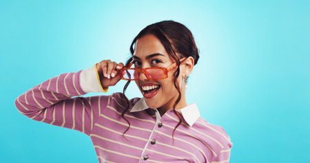 Fashion, portrait and woman with sunglasses, studio and excited for discount for product or mockup...