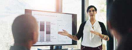 Woman, screen and presentation with charts in boardroom, advice and review for b2b sales strategy....