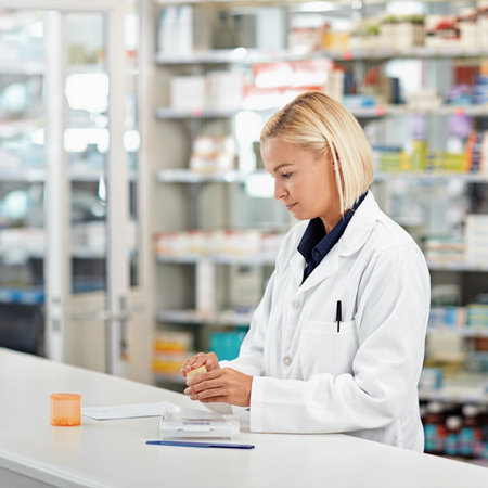 Prescription, drugs and woman at pharmacy counter with stock, healthcare and medicine in store. Health insurance, professional service and pharmacist with medical script for pills, treatment or helpの写真素材