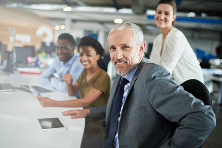 Portrait, smile and business people in office, cooperation and teamwork with news room. Face, group...