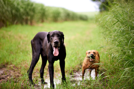 Dogs, relax and playful in nature for adventure, explore and property protection on farm. Outdoor...