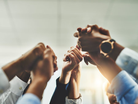Business people, holding hands and circle of trust in office, united and together for collaboration....