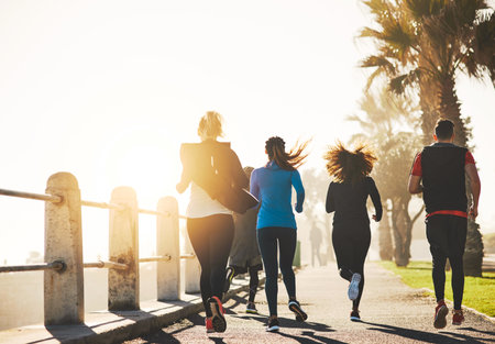 People, back and running with fitness on promenade for cardio workout or exercise together by beach. Friends, active team or group of runners in race for sprint or marathon on sidewalk by ocean coastの写真素材