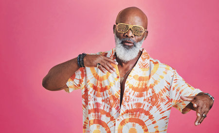Sunglasses, fashion or portrait of senior black man in studio with confidence or pride on retirement...