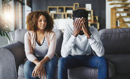 Frustrated couple, fight and argument with disagreement for breakup, cheating affair or divorce on...