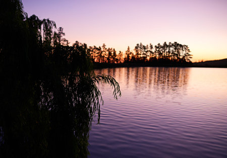 Sunset sky, lake or landscape in nature for wallpaper, calm environment or peaceful aesthetic....