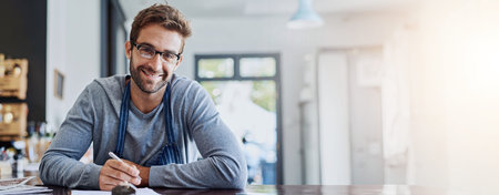 Happy man, portrait or paper in cafe for small business, stock checklist or inventory management in...