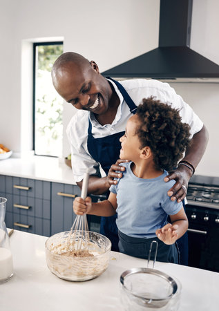 Kitchen, father and child with smile for baking, teaching and kid development with breakfast at...