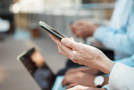 Hands, technology and waiting room in row for job opportunity, interview or onboarding. Group of...